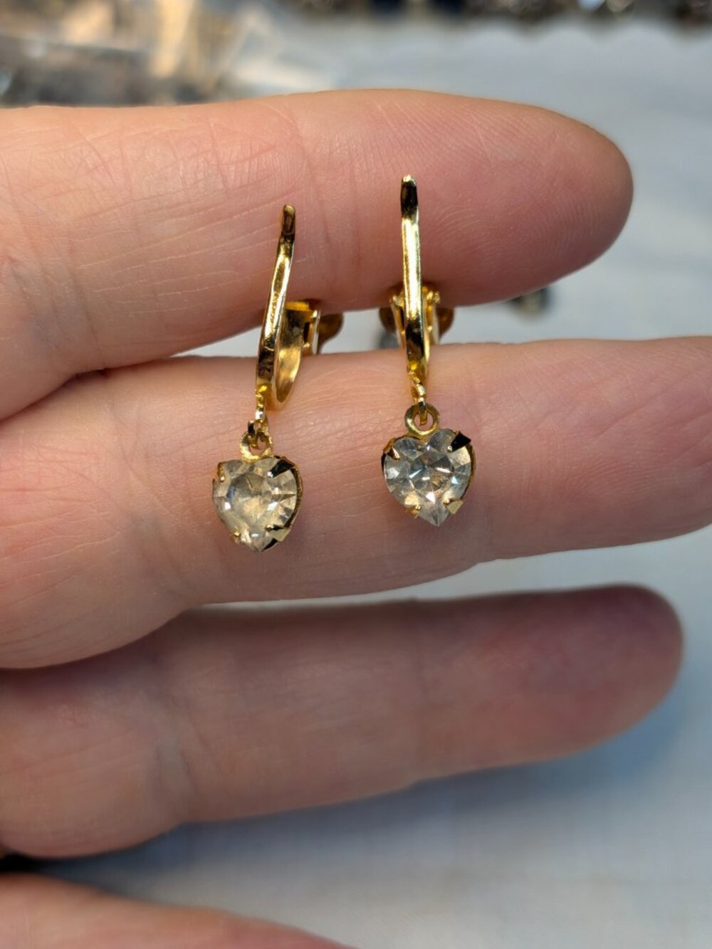 Vintage Gold Tone Crystal Heart Clip-On Earrings